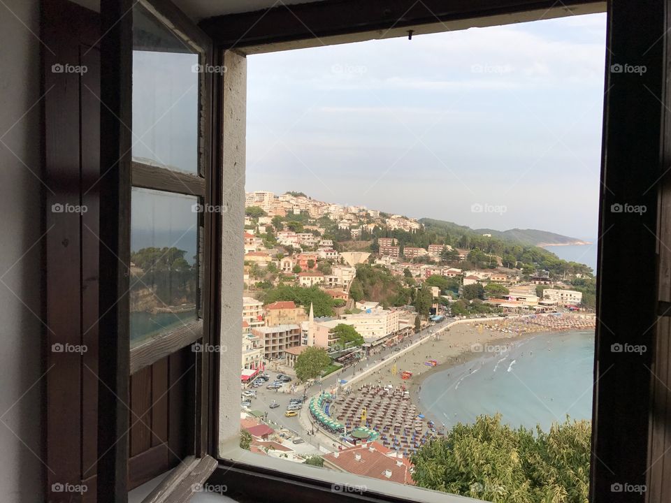 Window view of the sea of Ulcinj in Montenegro.