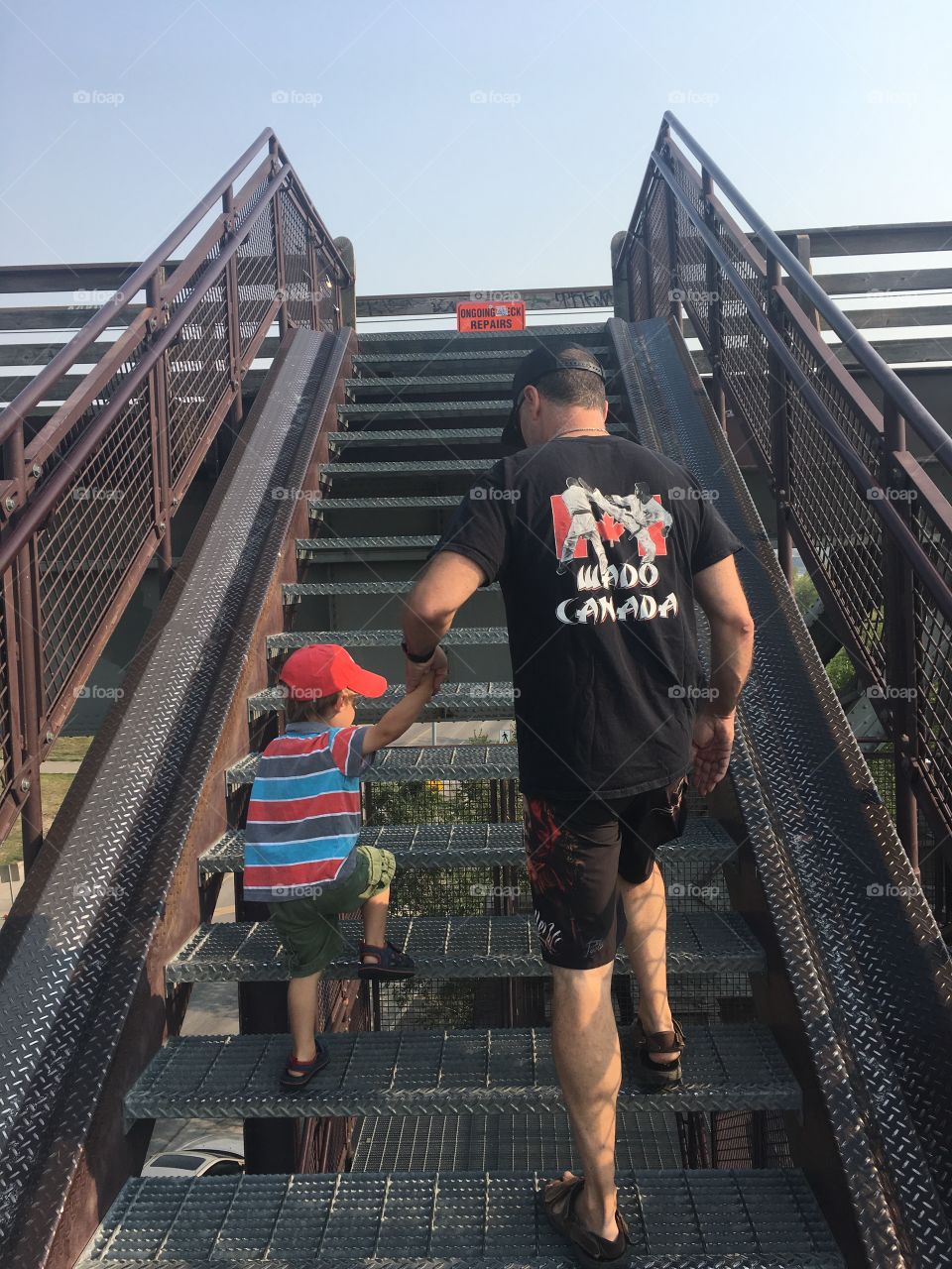 Up the stairs to the train bridge