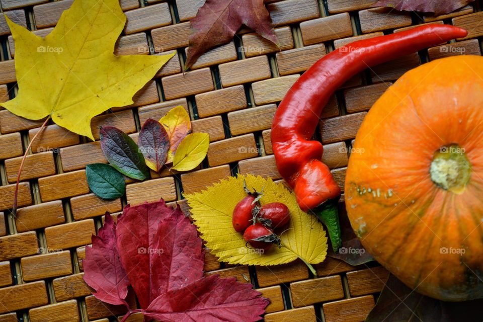 autumn colours leaves and vegetables