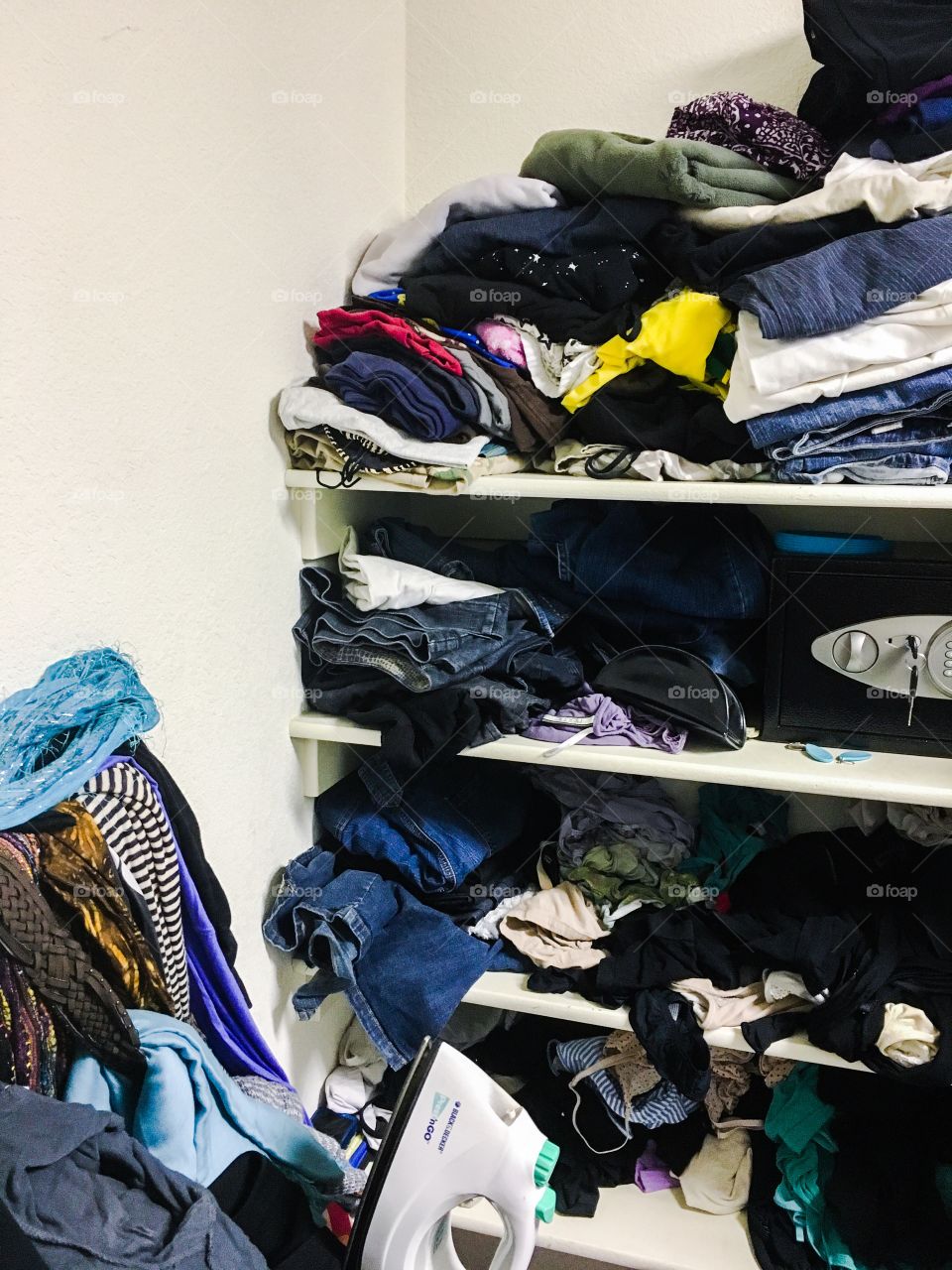 Messy closet shelves