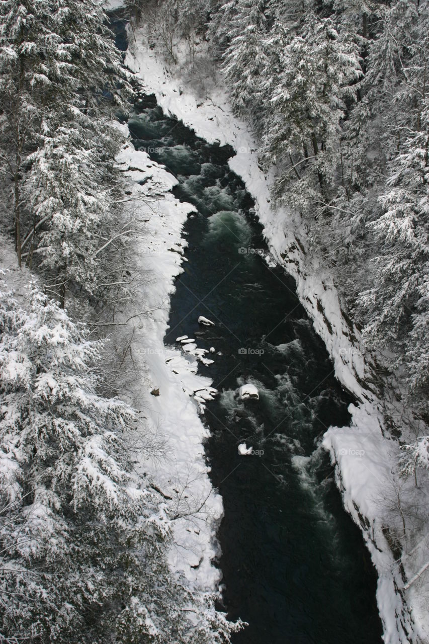 Vermont river with snow covered trees