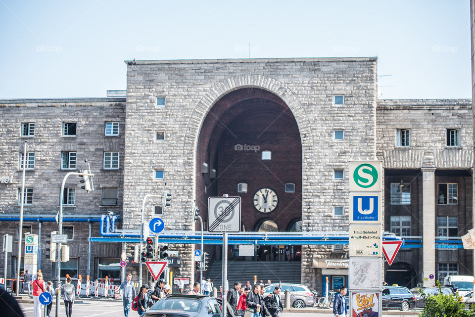 view of the street and the entrance to the main station in stuttgart, germany. May 2018