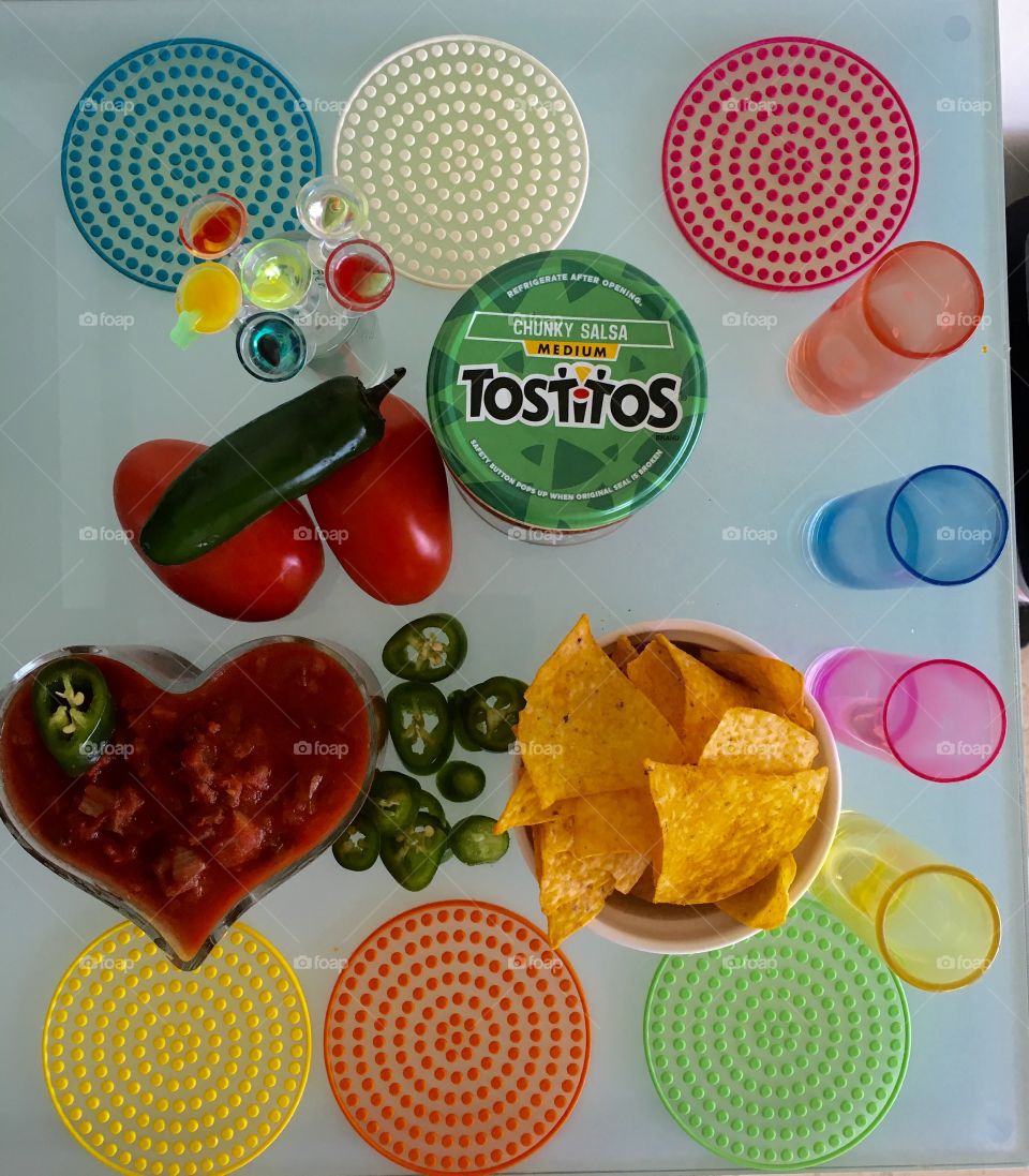 Flat lay party chips and dip