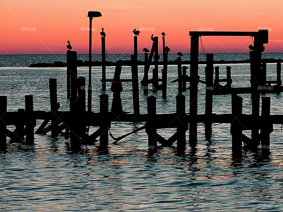 The dock is surrounded by a glamorous sunset