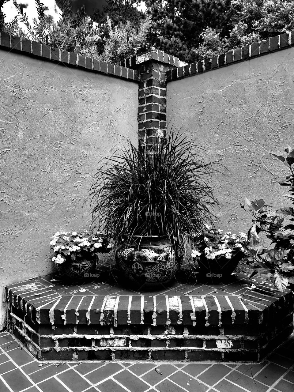 Black and white brick and planters