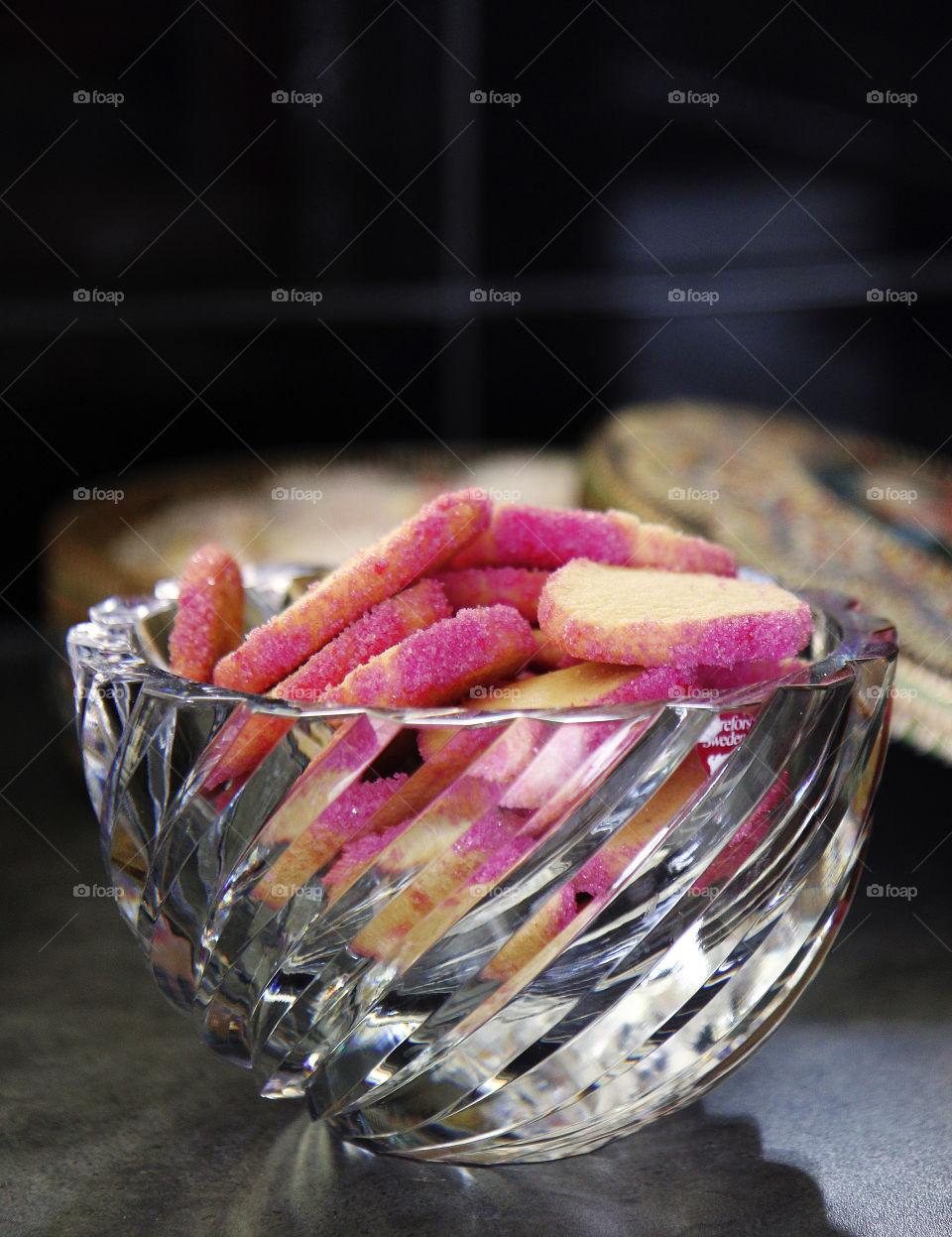 Purple cookies in crystal bowl