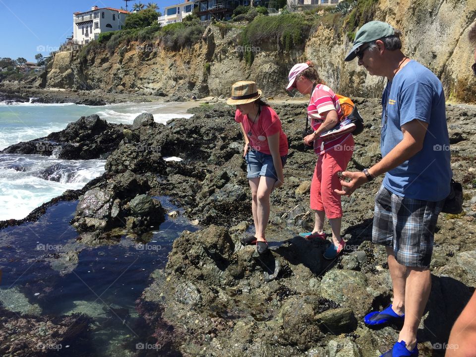 Visitors explore tidepools looking for sea life at Victoria Beach in Laguna Beach, California. 