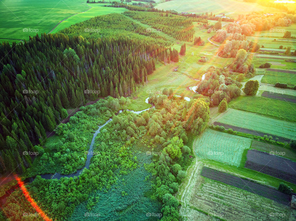 Aerial view of countryside sunset