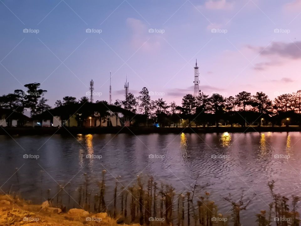Multiverse: Urban Landscape. In the background, a sequence of telecommunication towers, trees and lampposts reflecting the lights on the lake. The front is a sequence of vegetation by the lake.