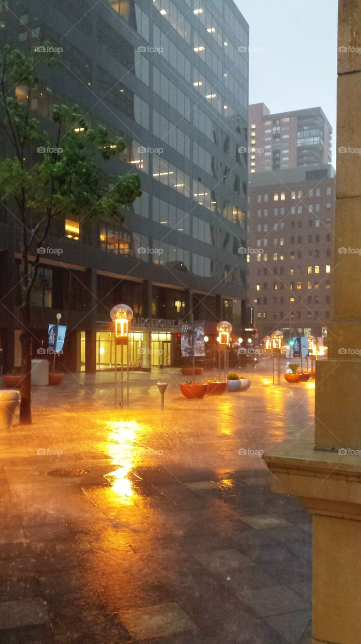 16th Street Mall on the Rain. Downtown Denver in the rain.