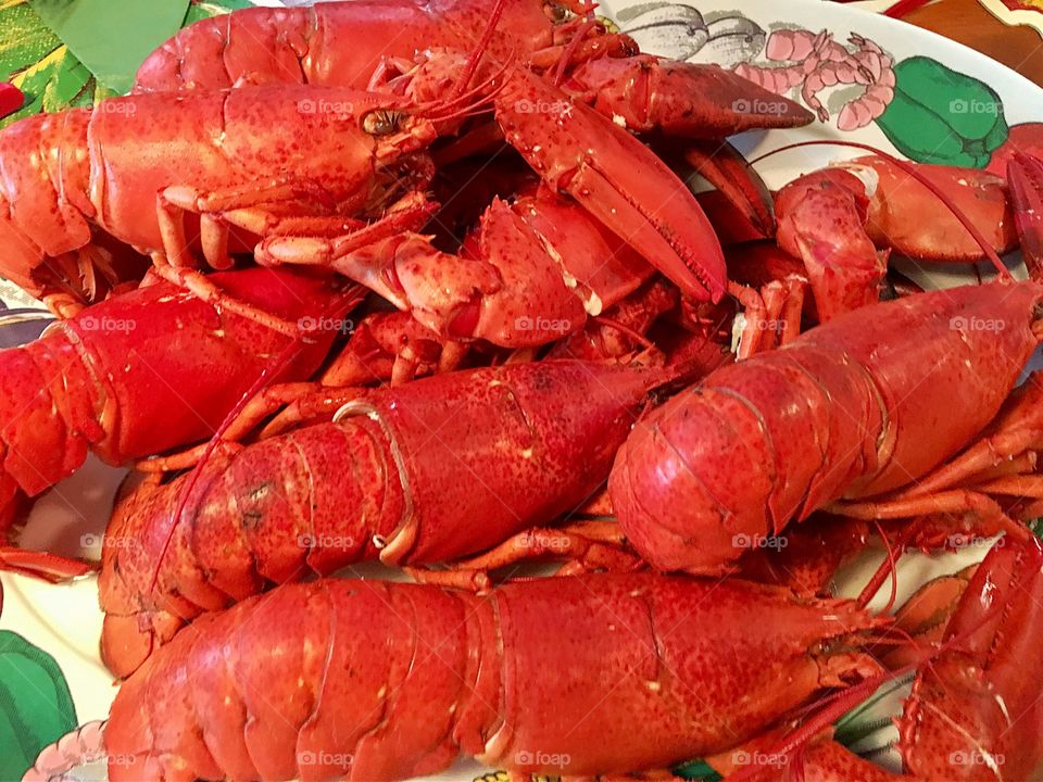 Red cooked lobster on plate