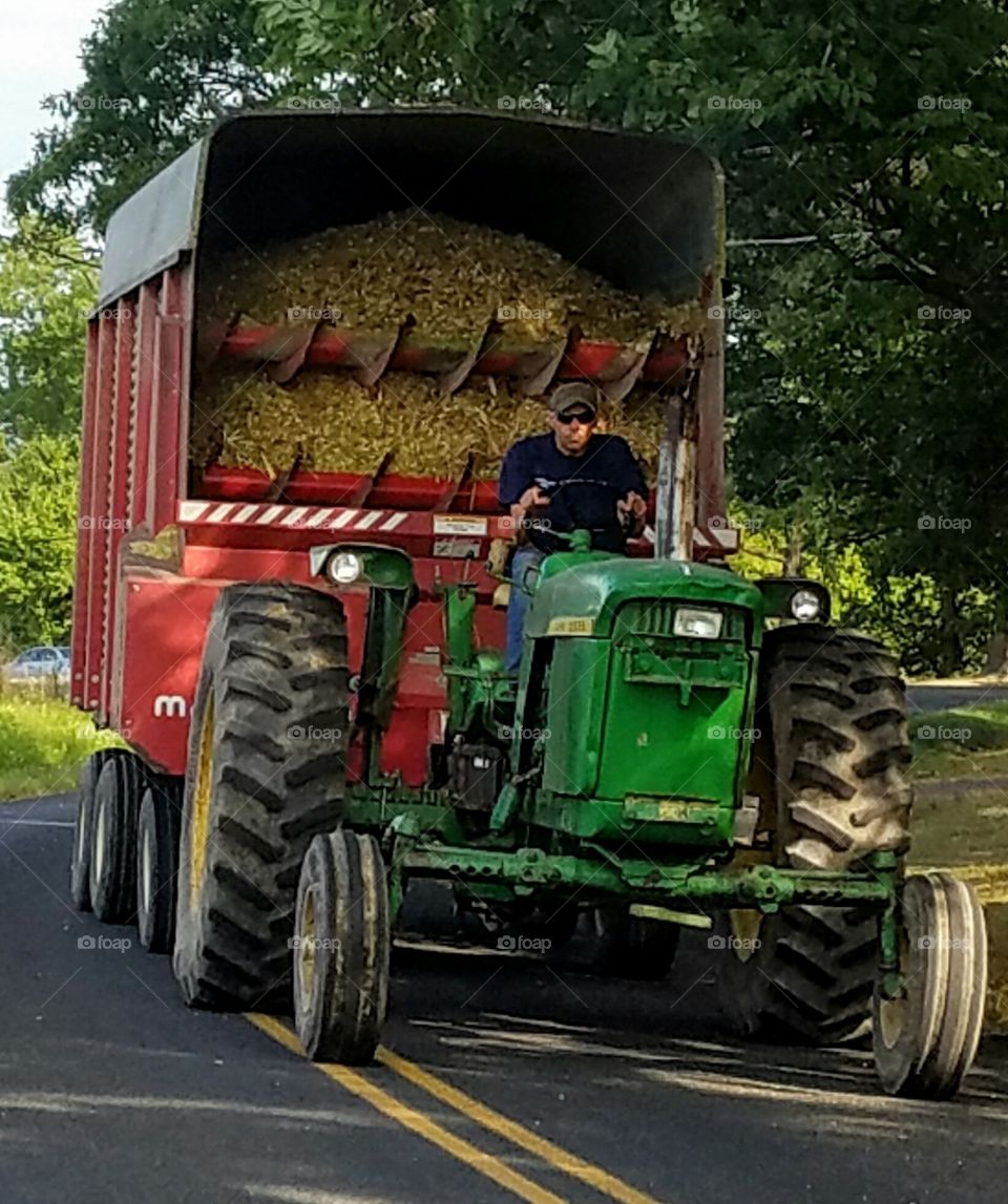 Young Farmer Driving John Deere Tractor with Trailer Full of Silage
