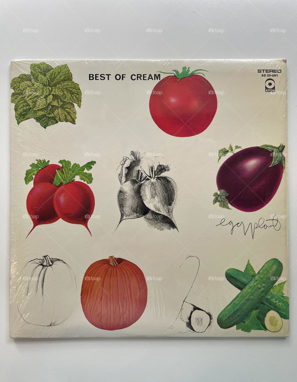 Best of Cream album, records from the 70’s, old records from the 1970’s, vegetables on an album cover 