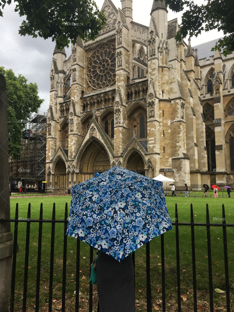 Bright blue umbrella on a rainy day outside of the beautiful Westminster Abbey in London. 