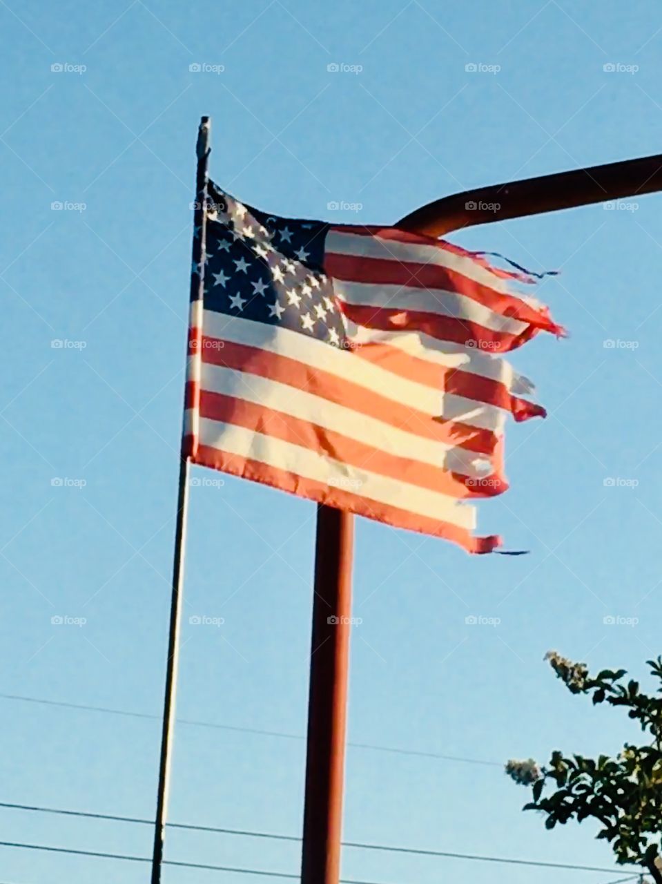 Tattered American flag blowing in the wind