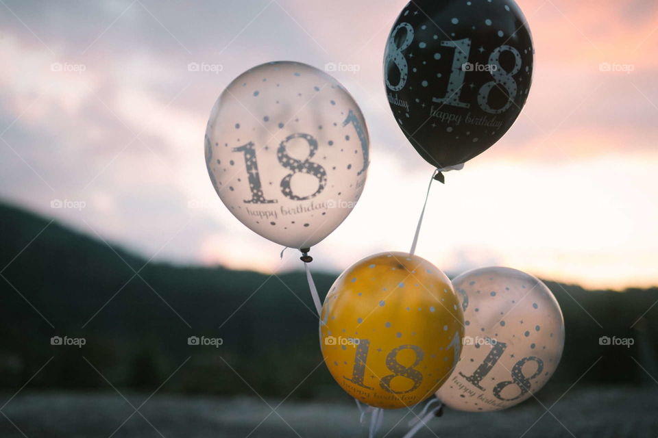 Happy birthday, balloons, party, celebration, black, gold, white, silver, writing, 18, 18th