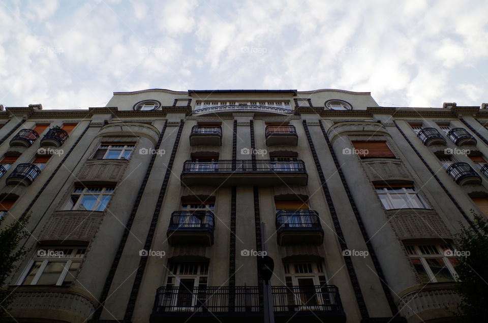 Low angle view of façade against sky in Budapest, Hungary.