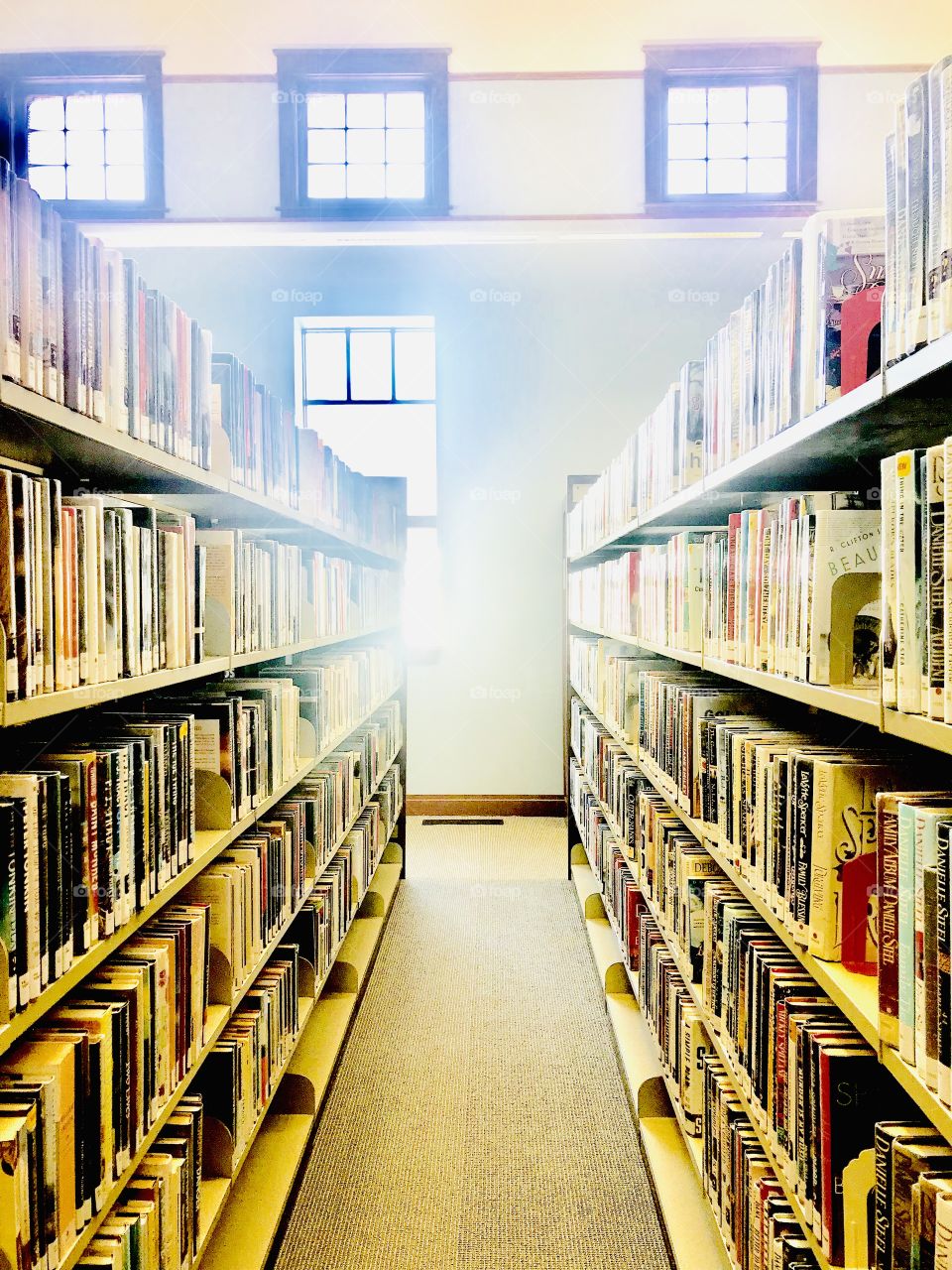 Beautiful photo of morning sunlight beaming in through library’s windows right down aisle of books! 