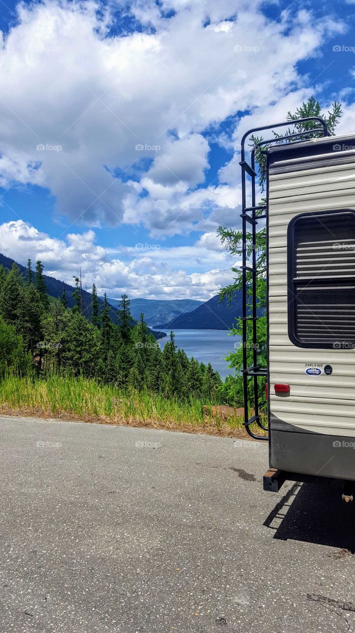 RV travel trailer at lake