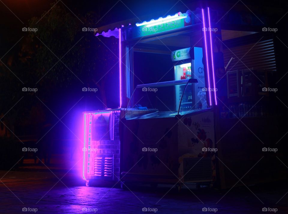 vending booth lit at night
