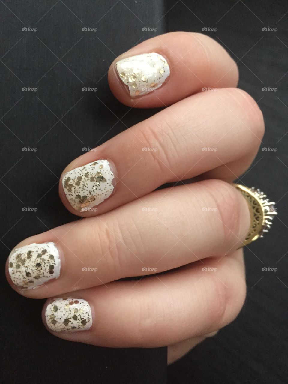 Engagement ring white and gold glitter nail art for bride to be