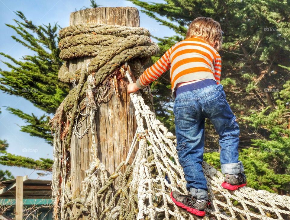 Boy Climbing A Rope Net