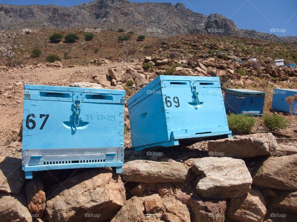 Lovely blue beehives on the Greek island Karpathos. 