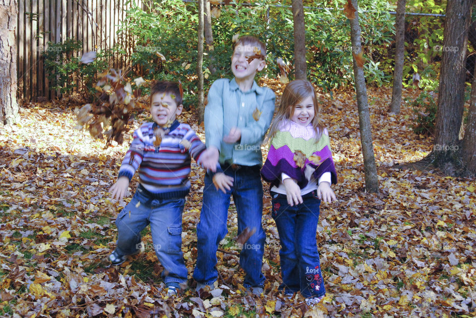 Group of children's playing in autumn leafs