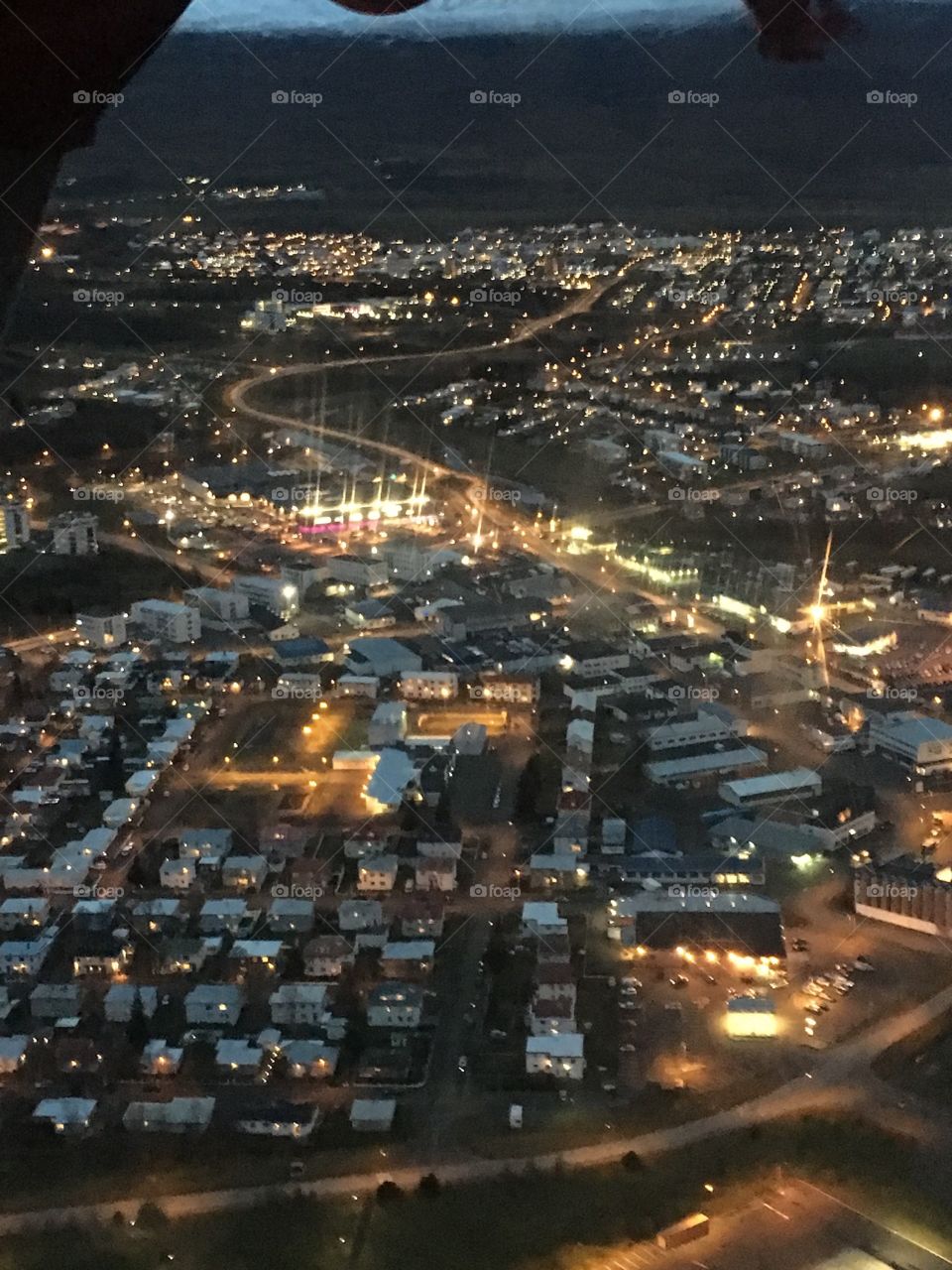 Aerial view of Akureyri Iceland in the evening