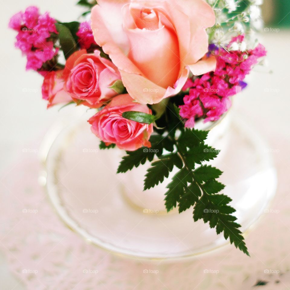 Pink flowers in a teacup.