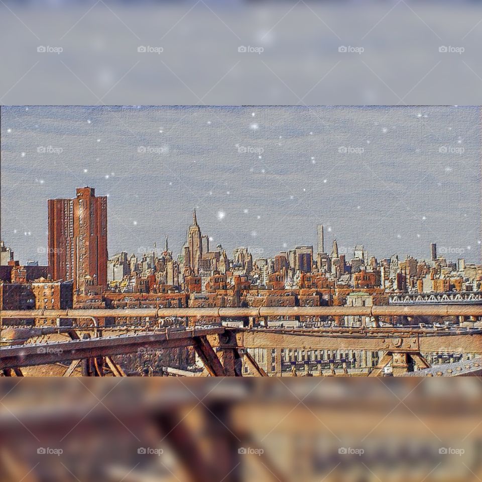 Skyline View, Brooklyn Bridge, New York City.