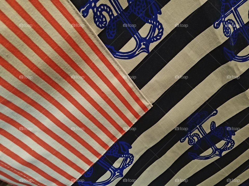 nautical colors and print, red, white blue, stripes, anchor