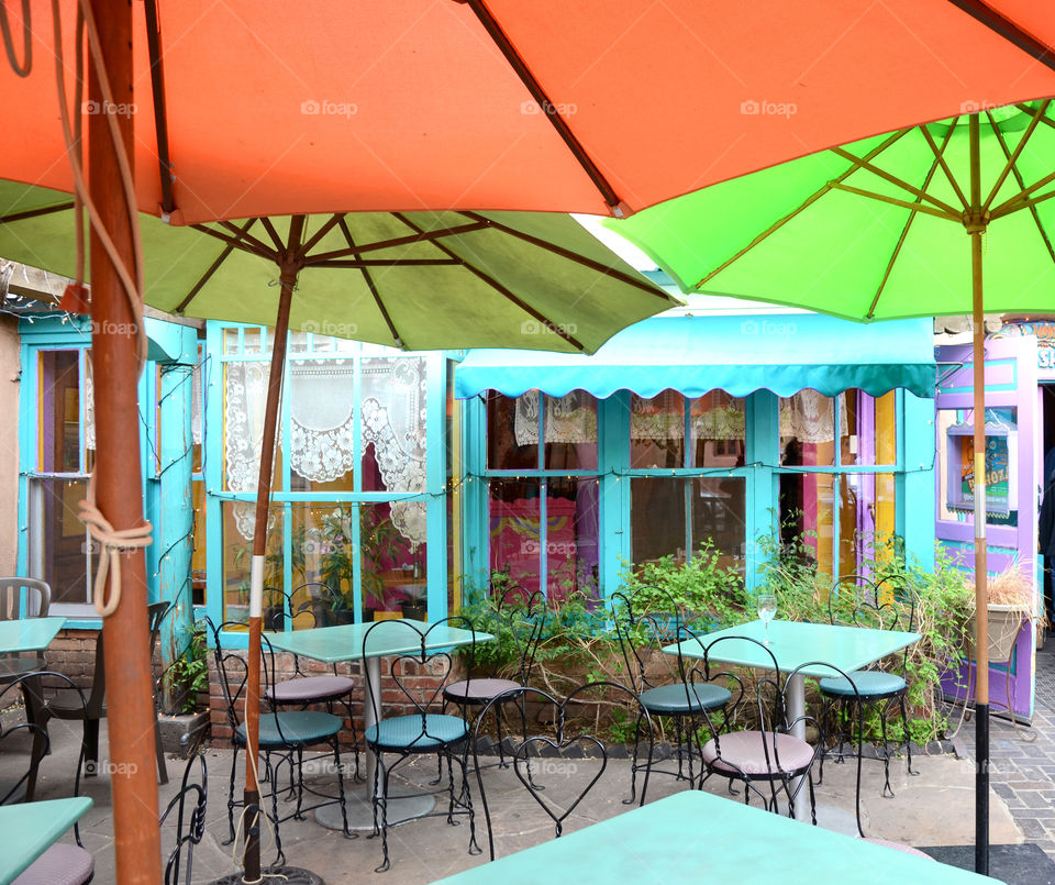 A colorful cafe in Santa Fe, New Mexico, USA