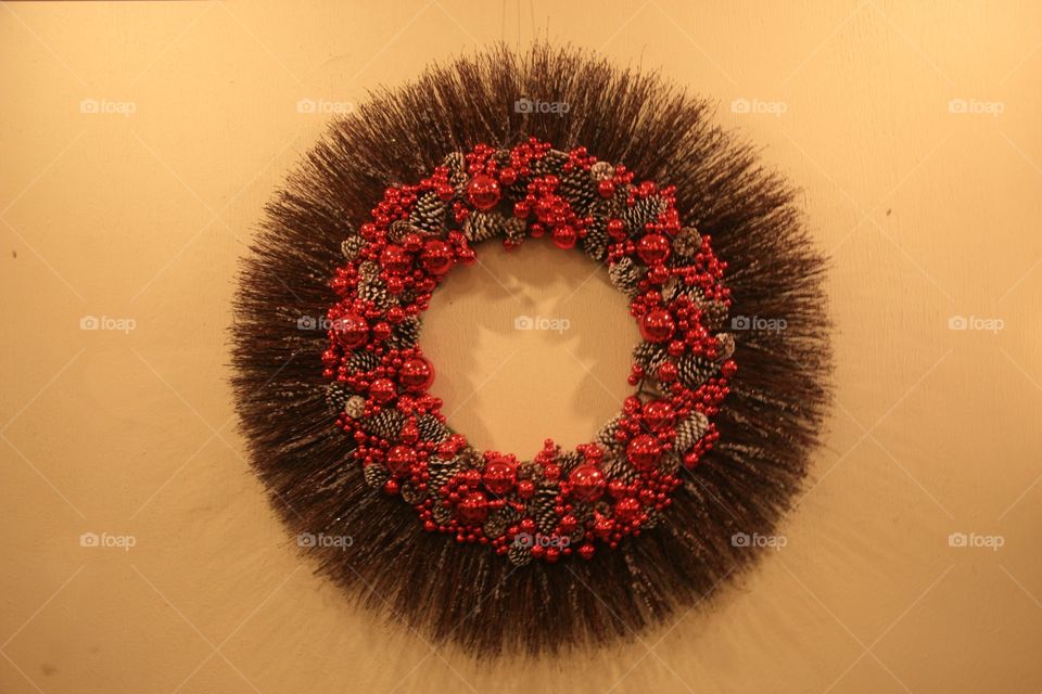 Holidays, wreath, ornaments, red, twigs 