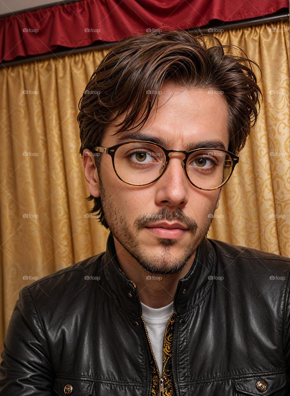 a man wearing glasses and a leather jacket