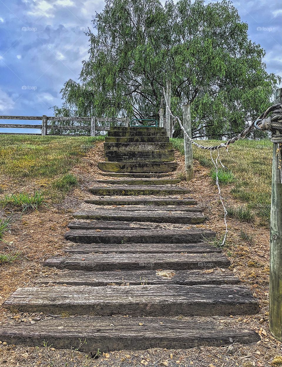 Walking up stairs in the country mailed of railroad ties, countryside vacation, vacationing in the countryside at a horse farm, walking around the horse farm, early morning walks 