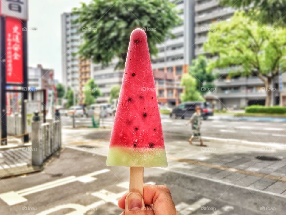 A watermelon ice-cream. A good looking and tasty ice-cream