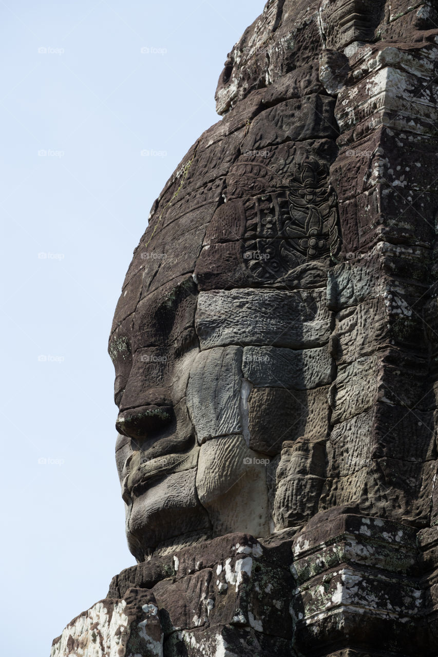 Carving head inside Bayon temple in Siem Reap Cambodia 