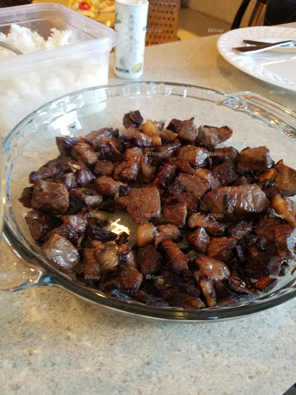 Close-up of fried meat in glass bowl