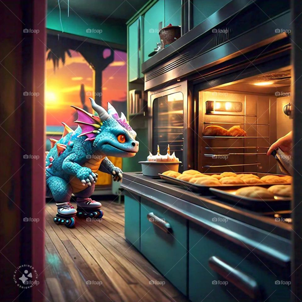 Dragon with rollerblades on in a kitchen, ready to eat some birthday goodies, delicious baked goods sit on countertop with dragon on rollerblades 