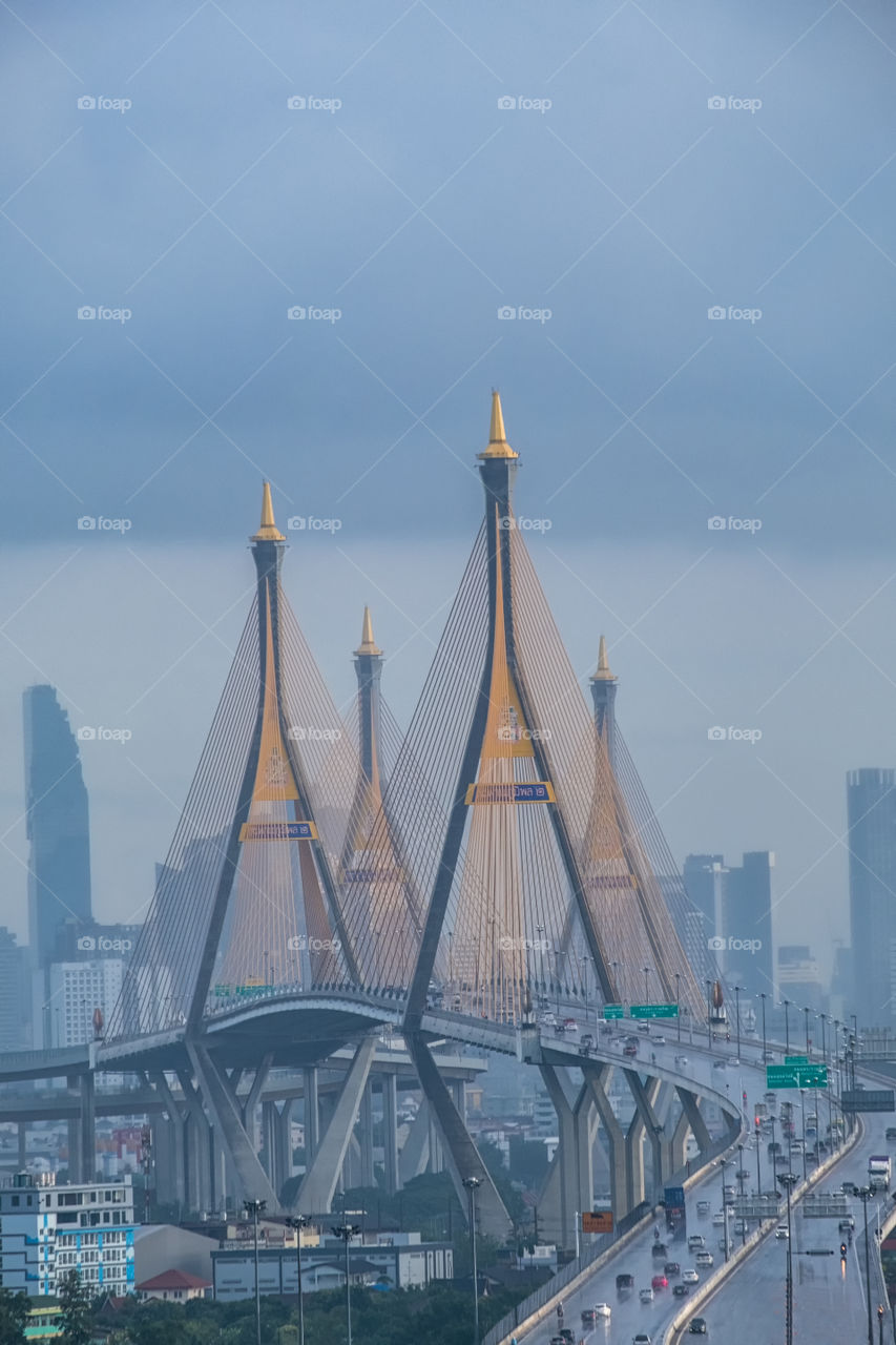 Beautiful scene of the famous Bhumibol bridge landmark in Thailand