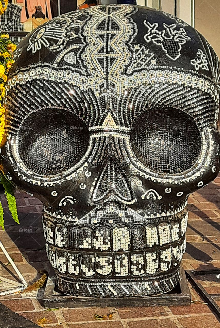 Black skull,black,skull,colorful,tradition,México,day of the dead,shining,teeth,eye
