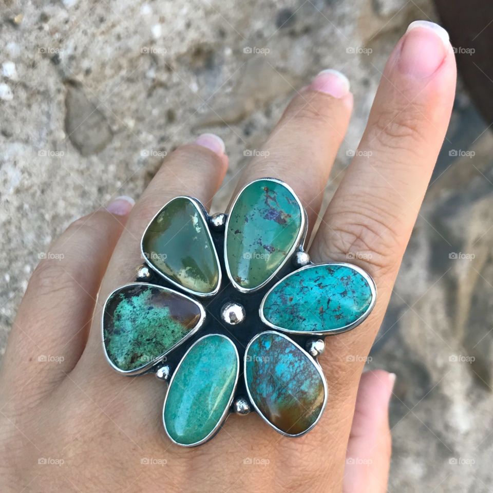 Giant flower turquoise ring in silver