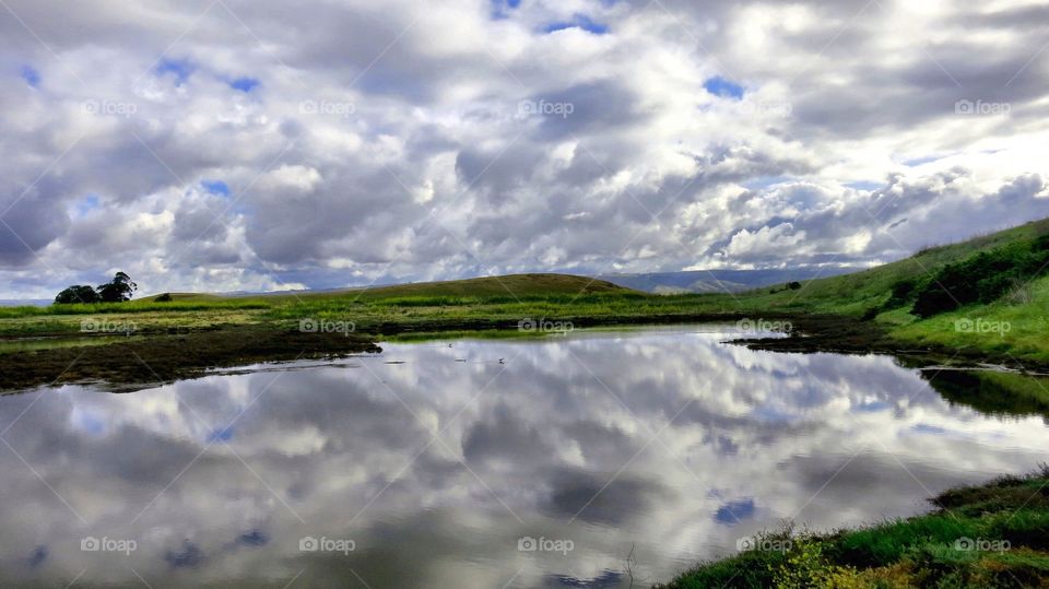 Cloudy sky reflected on lake