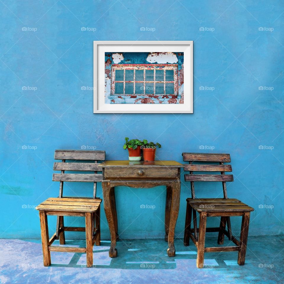 Patio With Table And Chairs Outside, Weathered Window Art Photography, Room Staging 