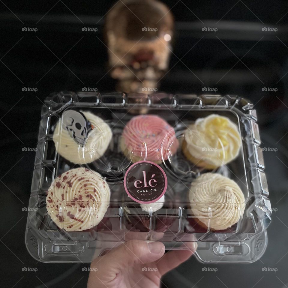 Woman’s hand holding Ele bakery tray of cupcakes, delicious cupcakes for dessert, Ele bakery presentation of various cupcakes 