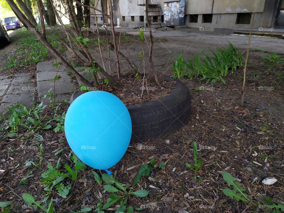 Blue Balloon on the ground in front of a Block of Flats