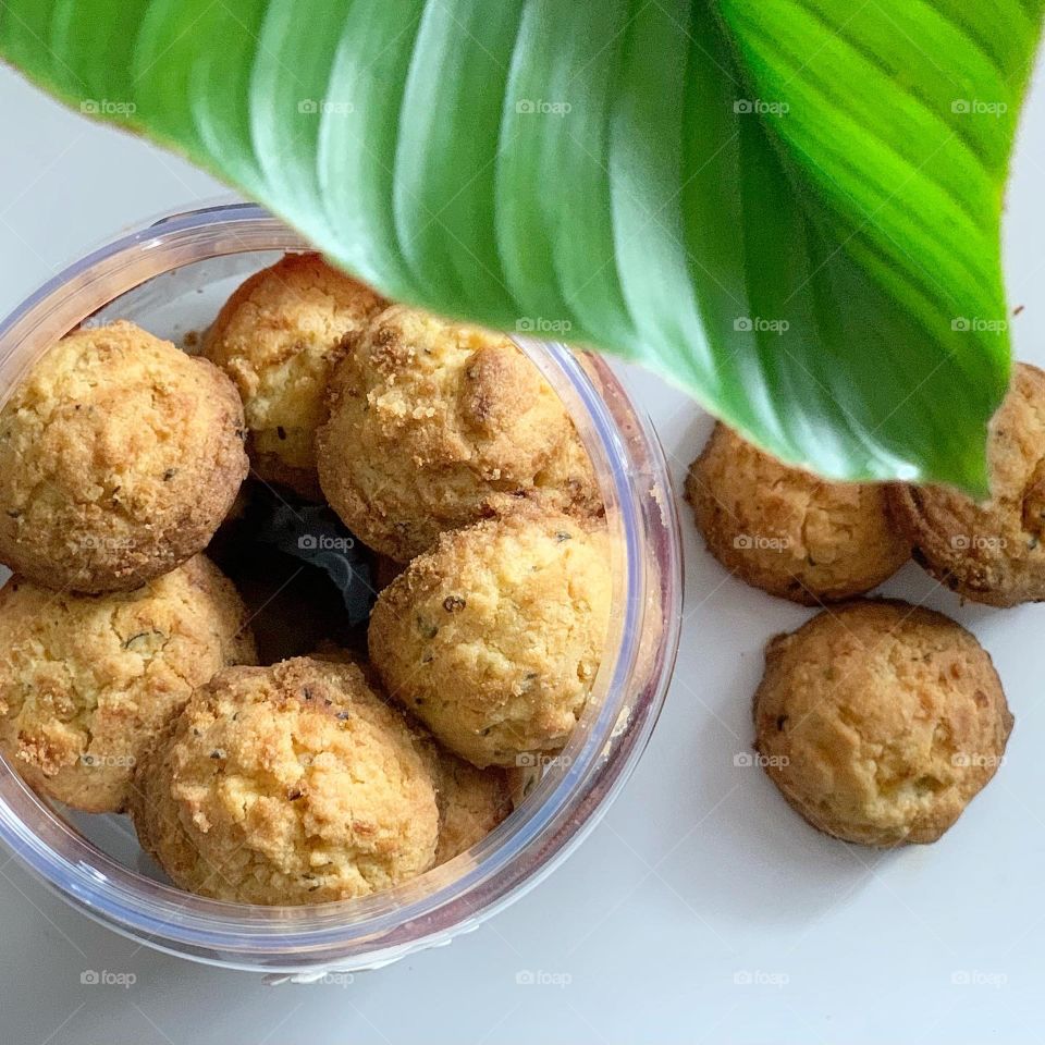 Salted egg cookies against a natural pretty backdrop setting for afternoon tea snack 