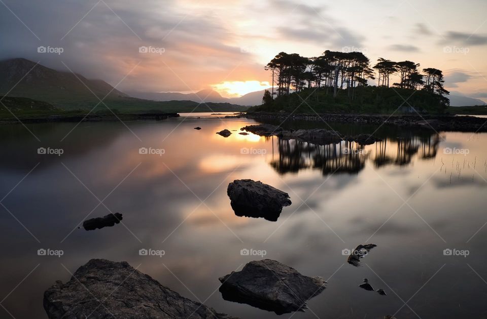 Sunset at Twelve pines island at Connemara National park in County Galway, Ireland