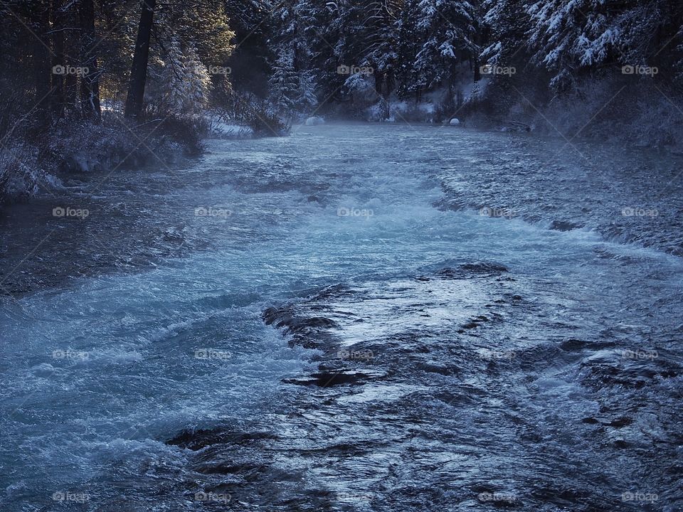 The winter sun rises in the canyon showing itself on the snow covered trees on the banks of the Metolius River with a cloud of mist on it in Central Oregon. 